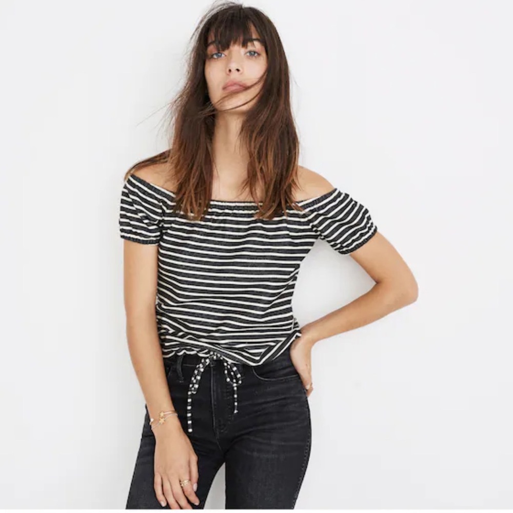 Madewell Melodie‎ off the shoulder Black ivory Striped Blouse top Sz XL